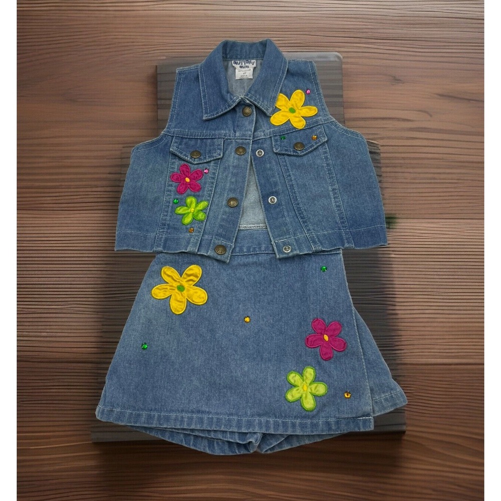 Brittany Blue Denim 100% Cotton Skort  Floral And Rhinestone Appliqué Size 4T